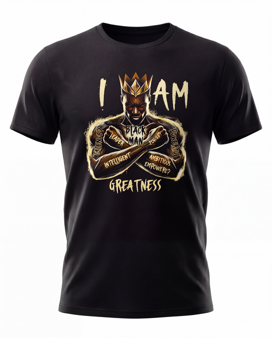 I Am Greatness King Graphic Tee — Bold Motivational Black T-Shirt